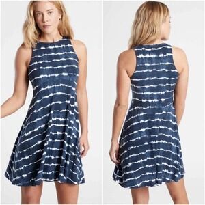 Athleta Santorini Thera Print Dress Blue Navy Tie Dye Stripe UPF 1X  NEW Beach